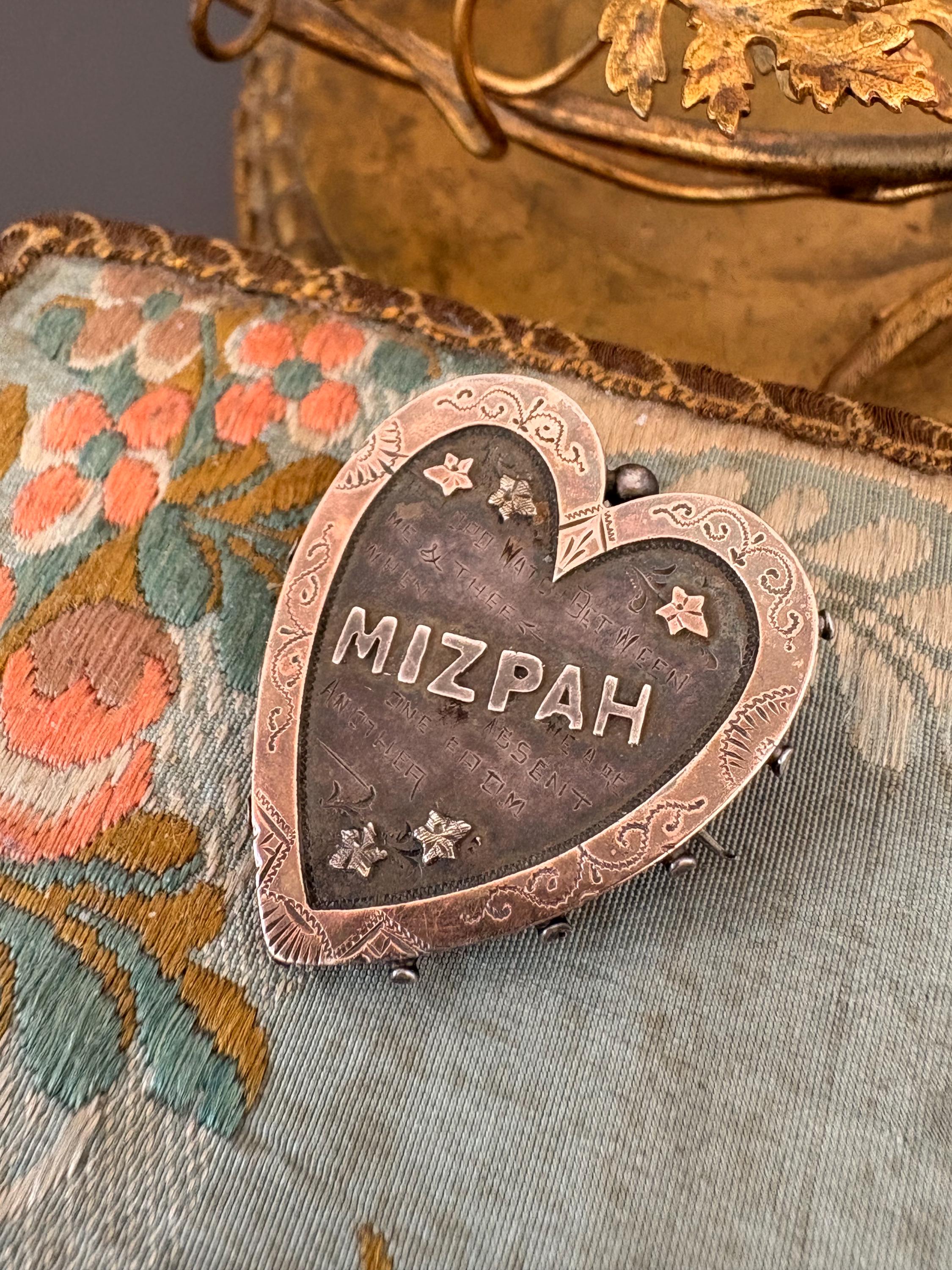 Antique Victorian Sterling Silver Gold Mizpah Heart Brooch Pin