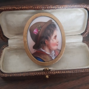 Antique Hand Painted Portrait Miniature Brooch Pin 19th Century Victorian Jewel