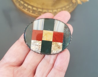 Ancienne Broche Écossaise Victorienne XIXème Argent Massif Agate