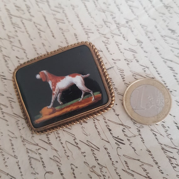 Antique Hand Painted Hunting Dog Miniature Brooch… - image 7