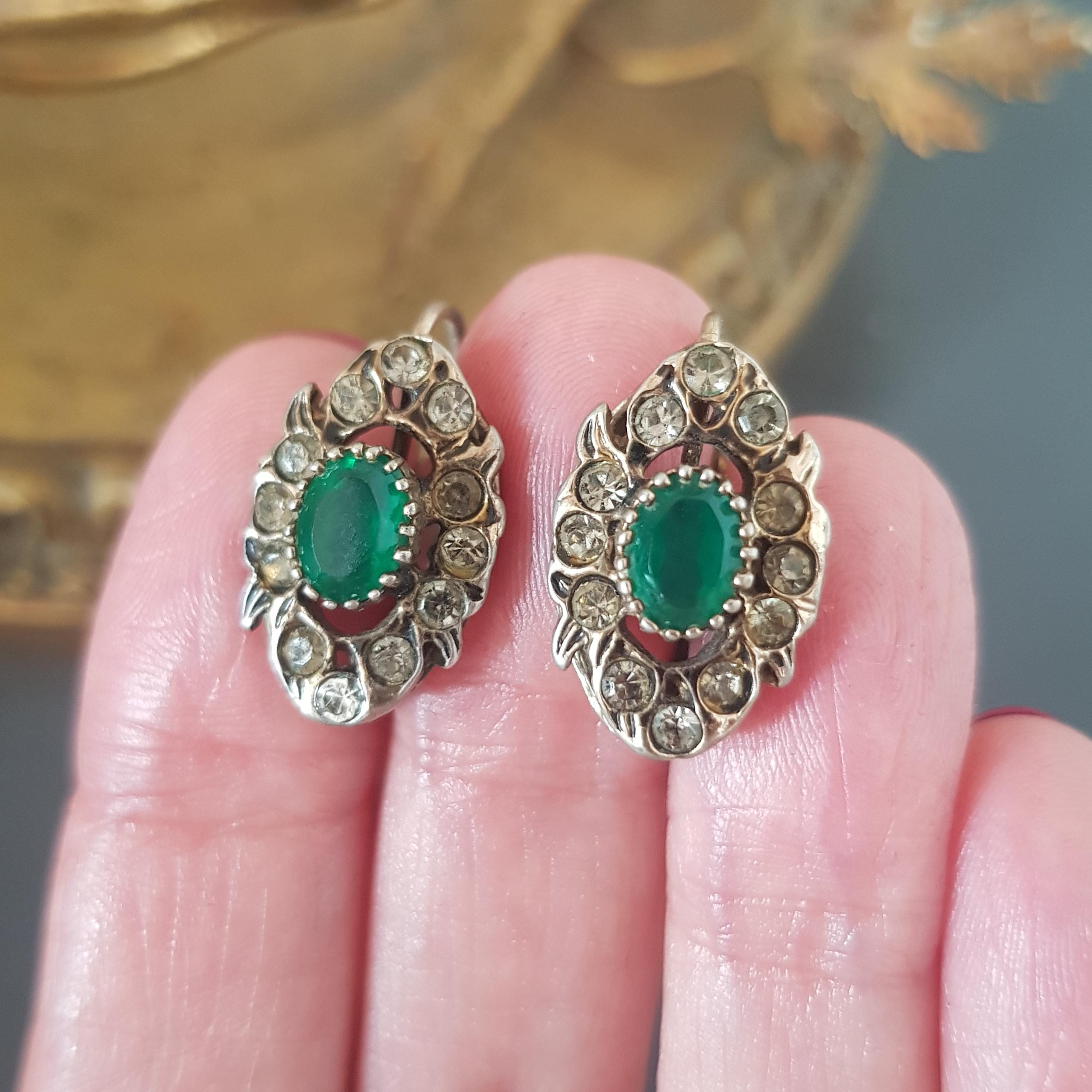 Boucles D'oreilles Argent Massif Strass Vermeil - Bijou Ancien - Occasion Avec Usures