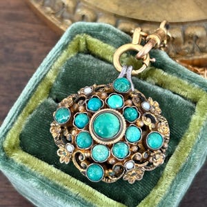 Antique Early 20th Century Vermeil Brooch Pendant Austro Hungarian Jewelry, Turquoise Glass Paste Seed Pearls