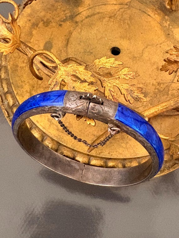 サイアムヴィンテージスターリングシルバーブルーエナメルバングル