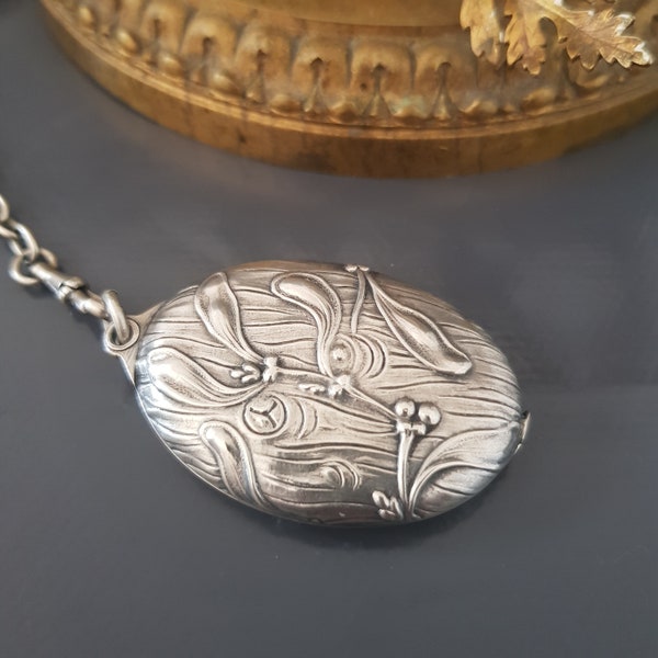 Large Antique Art Nouveau Châtelaine Sterling Silver Pendant Maple Motif