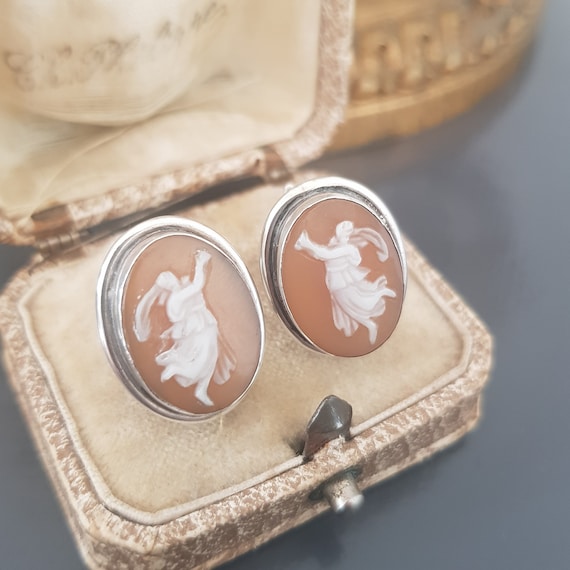 Antique Shell Cameo Sterling Silver Earrings Late… - image 2
