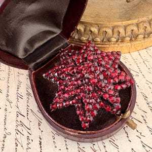 Op de afbeelding: Een stervormige broche gemaakt van kleine, gefacetteerde, dieprode edelstenen. De broche wordt getoond in een open, vintage bordeauxrode sieradendoos met een donkerbruin interieur. De achtergrond bevat een goudkleurig decoratief object en handgeschreven tekst.