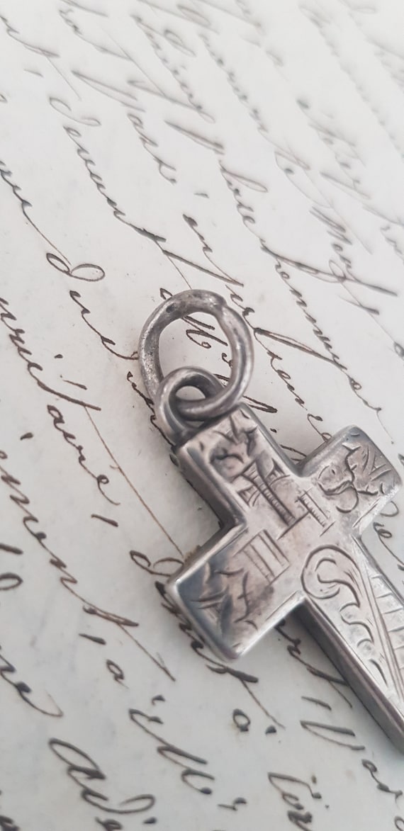 Antique Cross Reliquary Pendant Sterling Silver 1… - image 6
