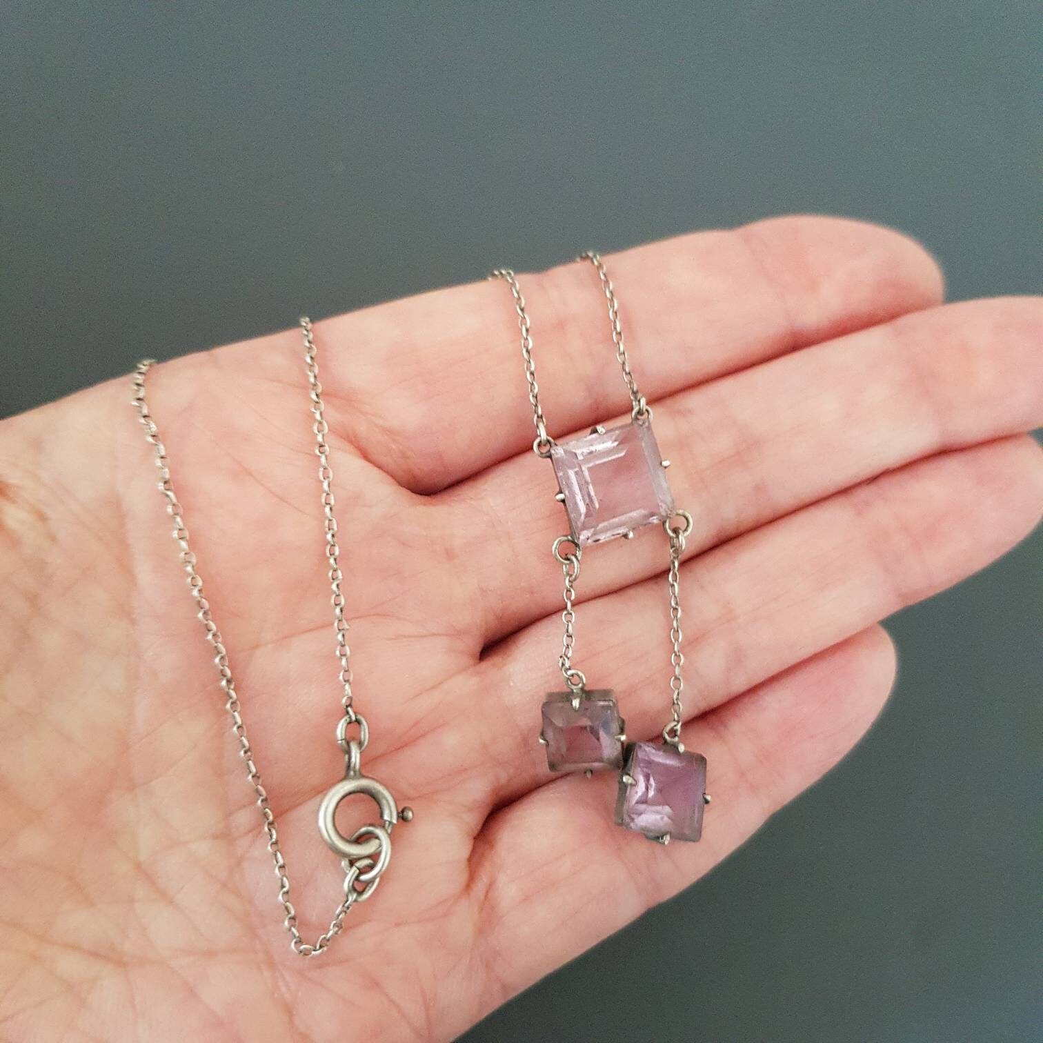 Collier Négligé En Argent Massif Avec Améthystes - Bijou Ancien - Occasion