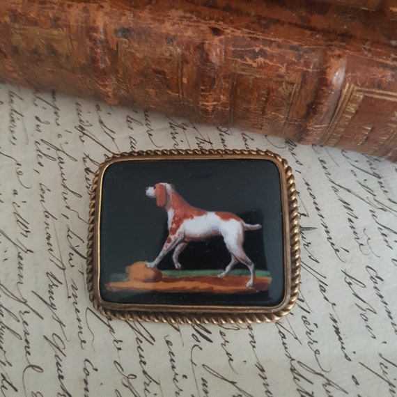 Antique Hand Painted Hunting Dog Miniature Brooch… - image 3