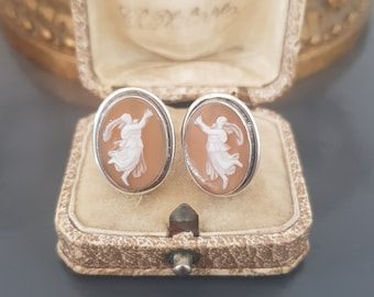 Antique Shell Cameo Sterling Silver Earrings Late Victorian Jewel C 1900