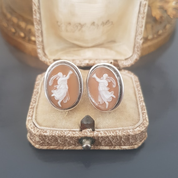 Antique Shell Cameo Sterling Silver Earrings Late… - image 1