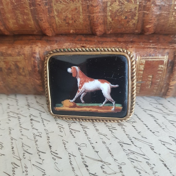 Antique Hand Painted Hunting Dog Miniature Brooch… - image 2