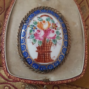 Large Antique Hand Painted Flower Basket Brooch Pin Signed French Edwardian Jewel
