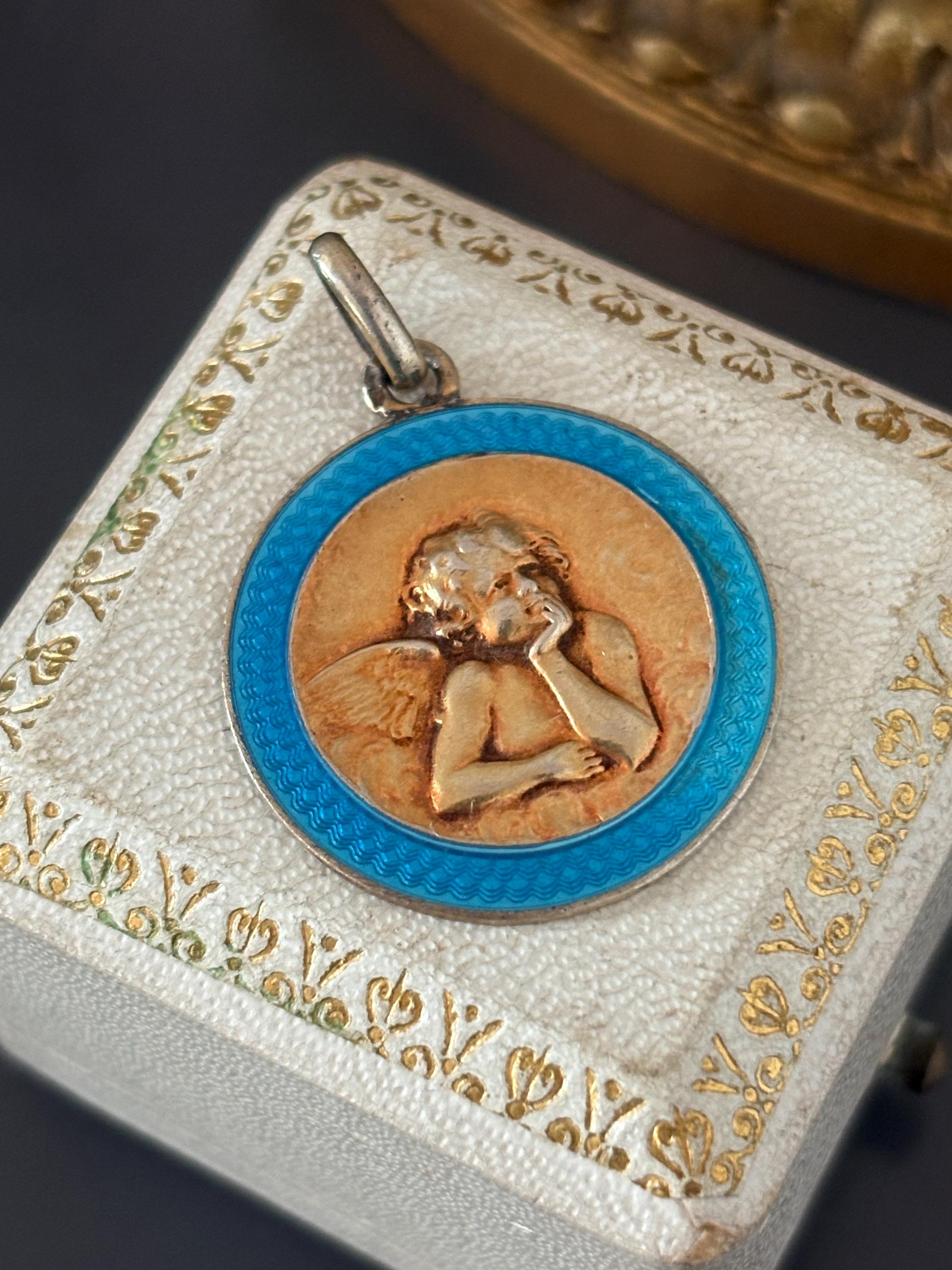 Médaille Ancienne Vierge En Argent Vermeil émail Marron - Pendentif Religieux - Occasion Très Bon état