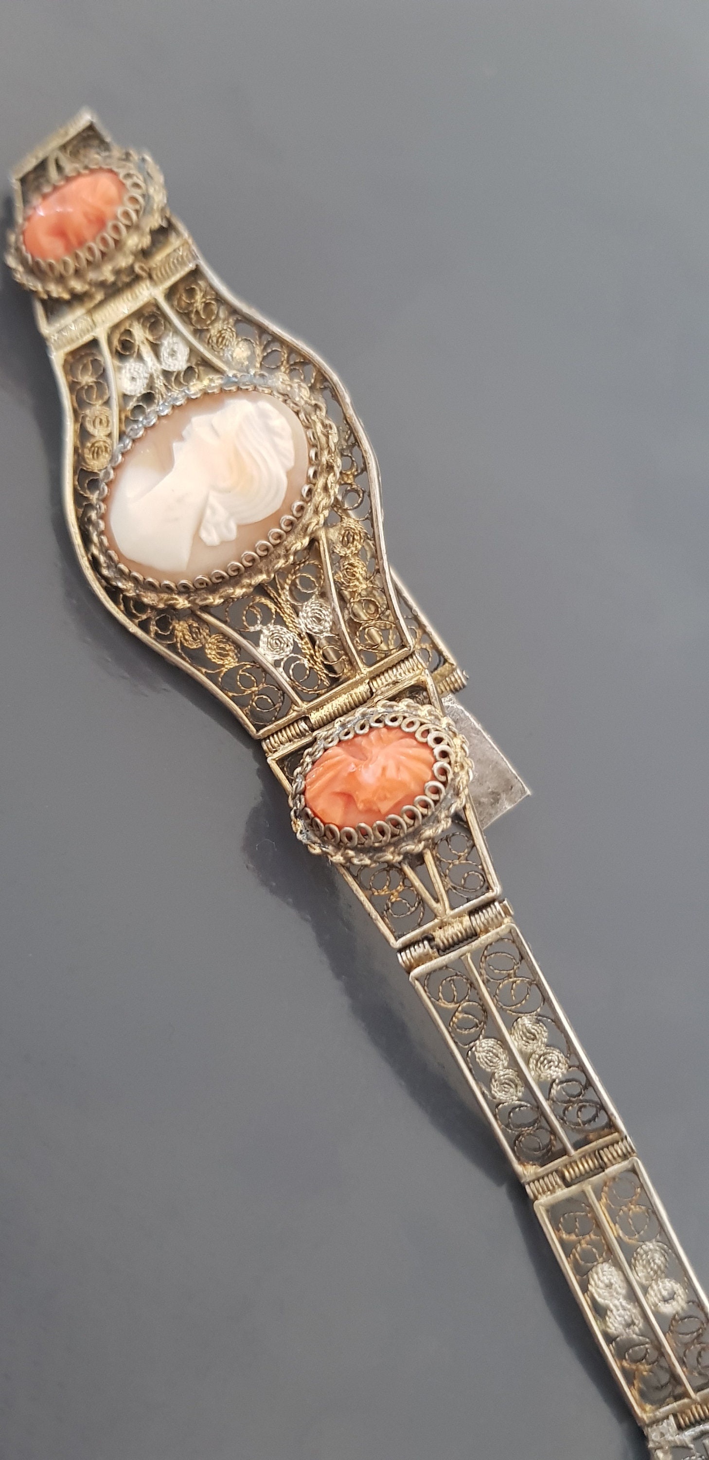 Vintage Silver Filigree Cameo Bracelet - Gray Center 800 Silver Filigree Panel Bracelet Depicting Kneeling Figures main image 4