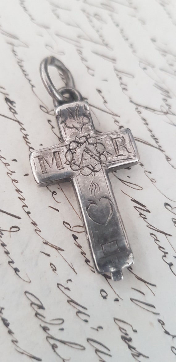Antique Cross Reliquary Pendant Sterling Silver 1… - image 2