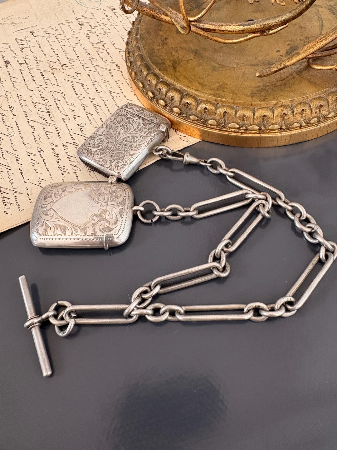 Antique Edwardian Silver Albert Watch Chain With Two Vesta Case ...