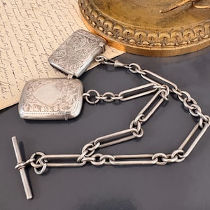 Antique Edwardian Silver Albert Watch Chain With Two Vesta Case Pendants Birminham C 1900