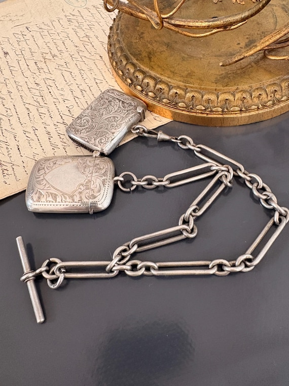 Antique Edwardian Silver Albert Watch Chain With Two Vesta Case