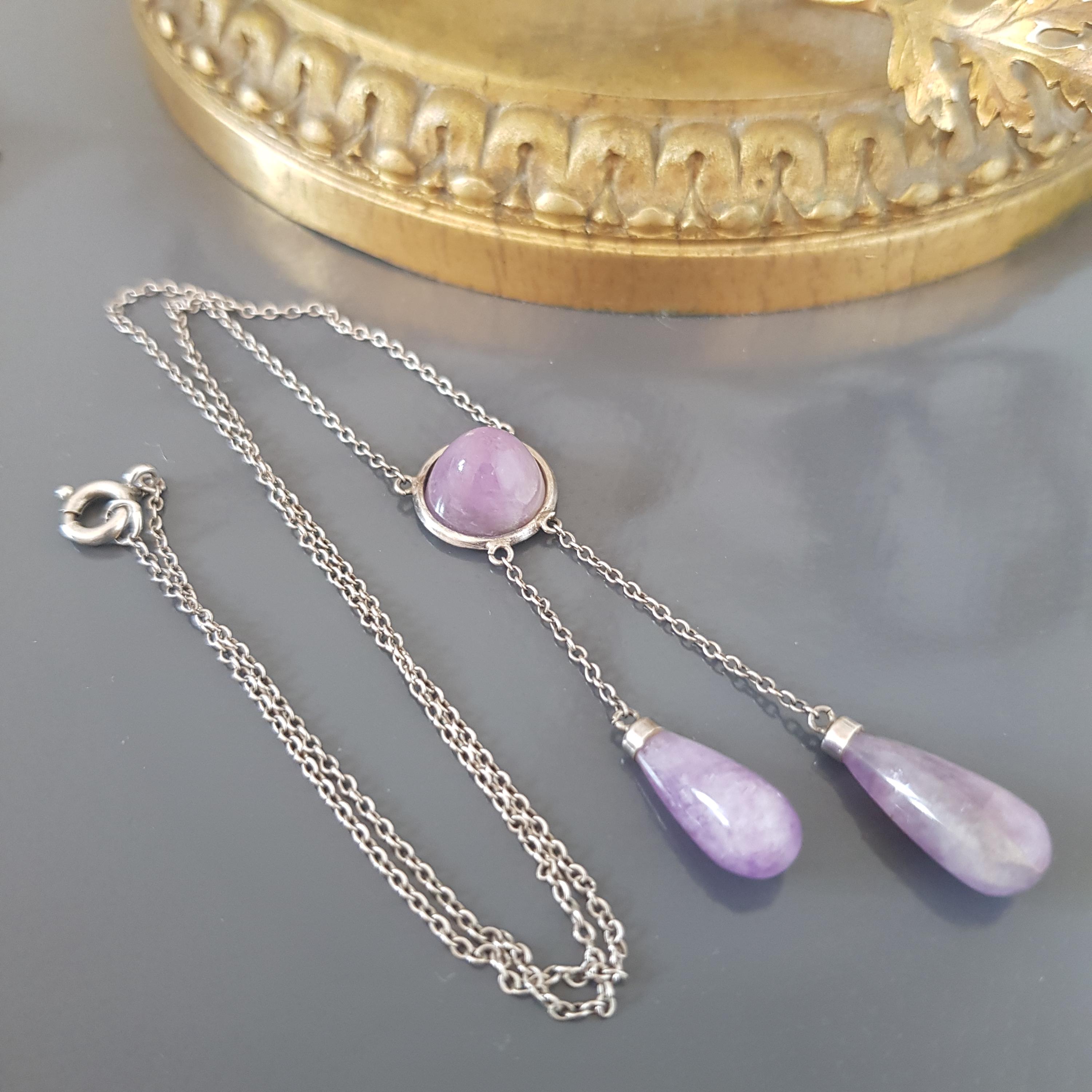 Collier Ancien En Argent Sterling Filigrané Avec Améthyste - Début 1900 - Occasion