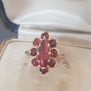 Vintage 18K Rose Gold Old Cut Perpignan Garnet Navette Ring