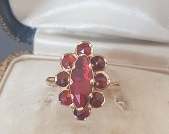 Bague Ancienne Marquise Grenats Perpignan - Or 18k Jaune - Taille 53 - Style Antique Française
