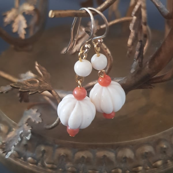 Vintage  Gilded Sterling Silver Carved Coral Earrings XXth Century