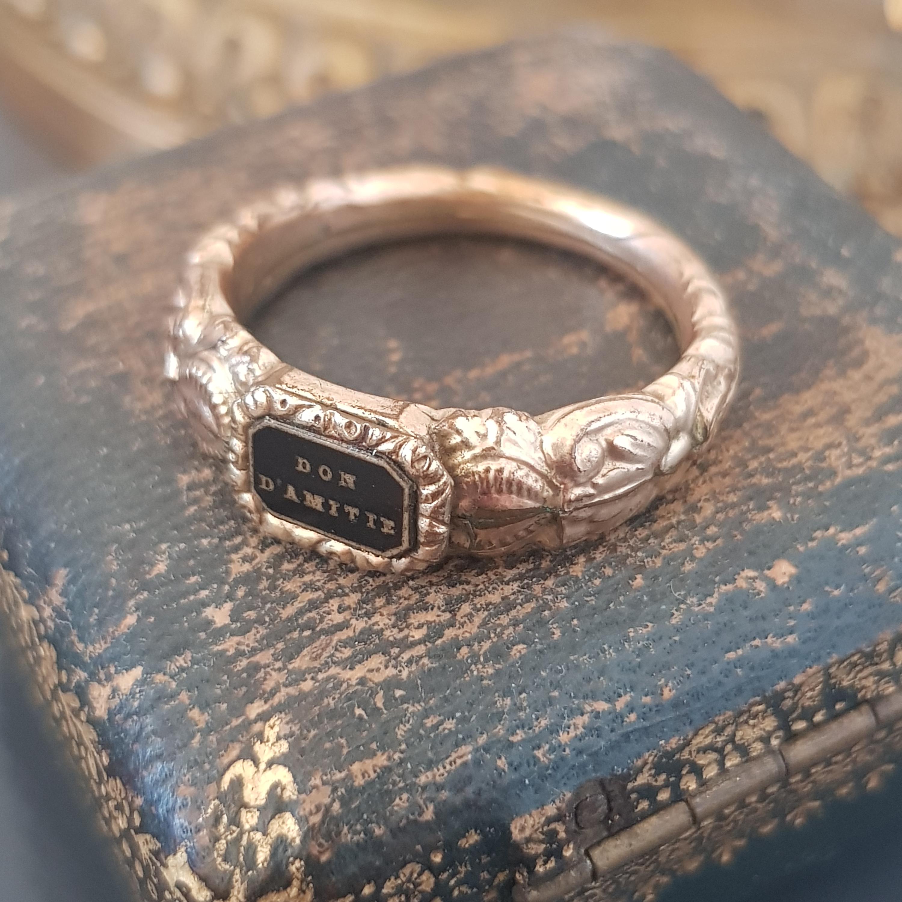 Antique Ring Gift Of Friendship Gold Plated Enamel XIXth Century French Sentimental Jewel