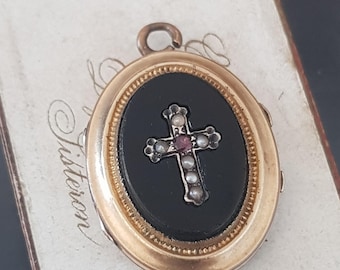 Antique Mourning Charm Locket Pendant Onyx Seed Pearls Reliquary XIXth Century
