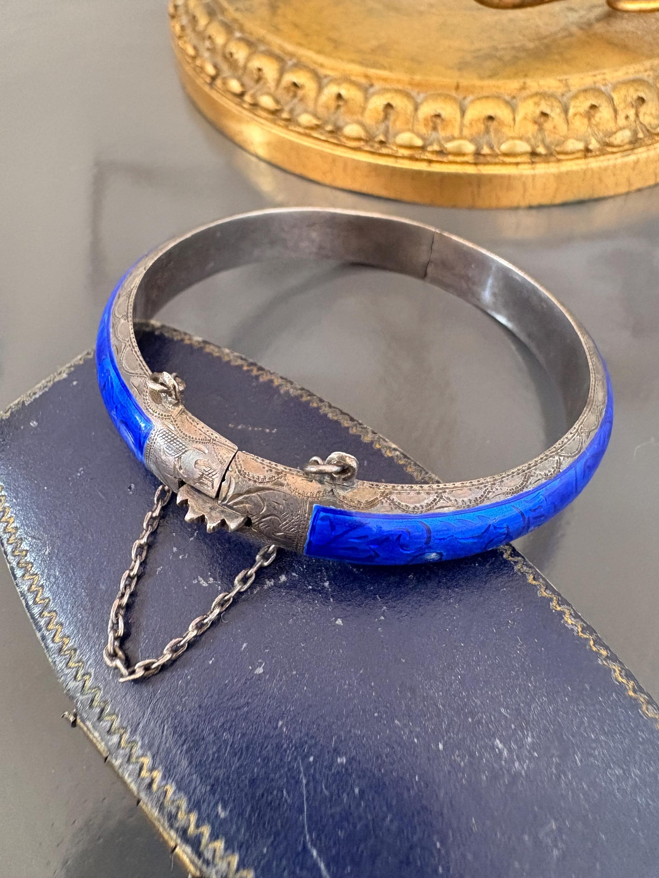 サイアムヴィンテージスターリングシルバーブルーエナメルバングル