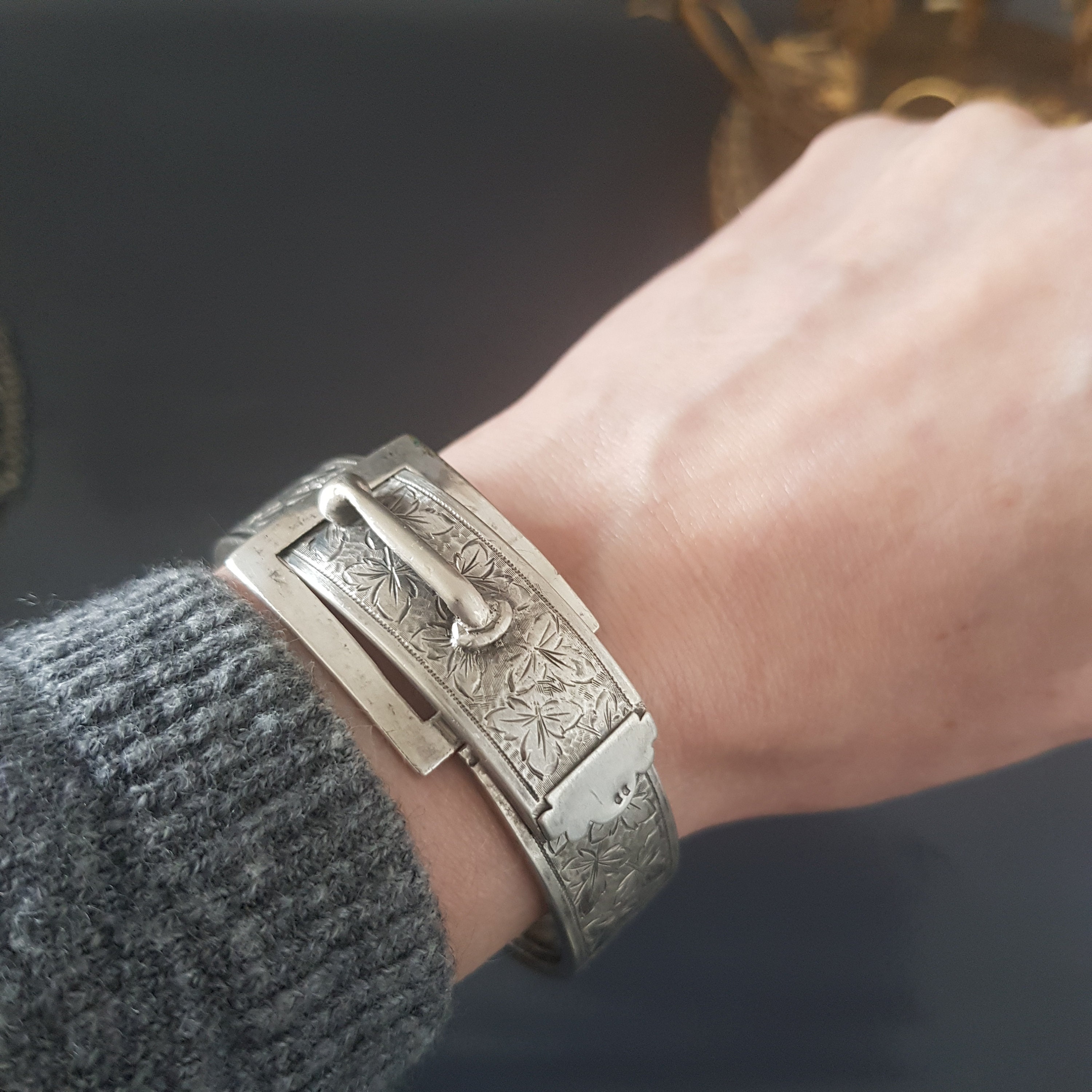 Antique Engraved Sterling Silver Belt Buckle Bracelet