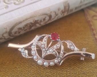 Antique Belle Epoque French 14 K Gold Seed Pearls Brooch C 1900