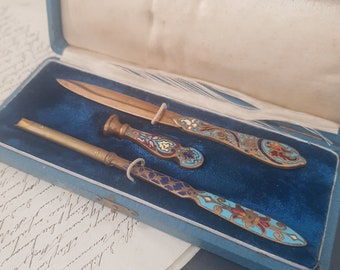 Antique  Champleve Enamel Writing Calligraphy Set XIXth Century Napoleon III