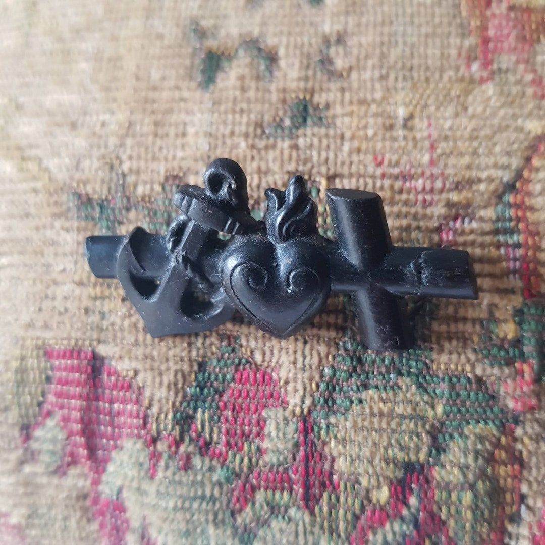 Antique Gutta Percha Blakck French Brooch Anchor Heart Cross / Etsy