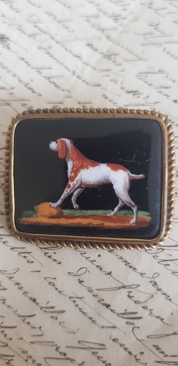 Antique Hand Painted Hunting Dog Miniature Brooch… - image 9