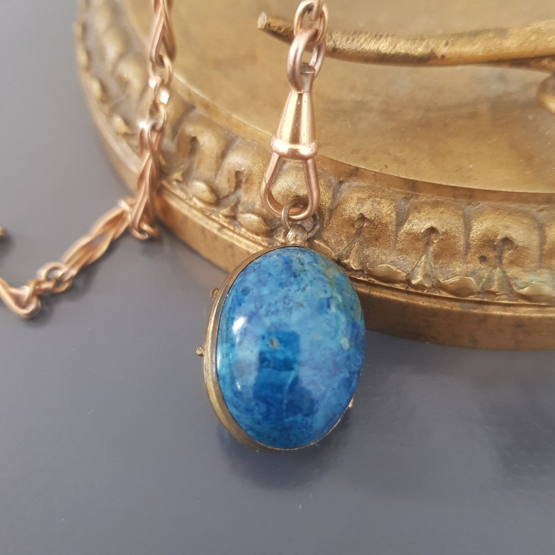 Pendentif Médaillon Ancien Napoléon III - 19ème Siècle - Métal Doré Et Pierre Bleue - Occasion