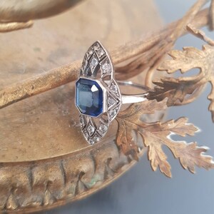 Antique Art Deco Sterling Silver Sapphire Glass Paste Ring Crabe Hallmark French Jewelry C. 1910