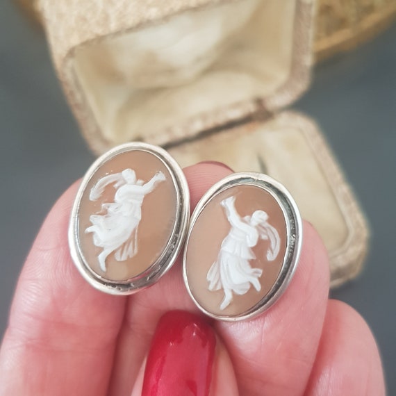 Antique Shell Cameo Sterling Silver Earrings Late… - image 9