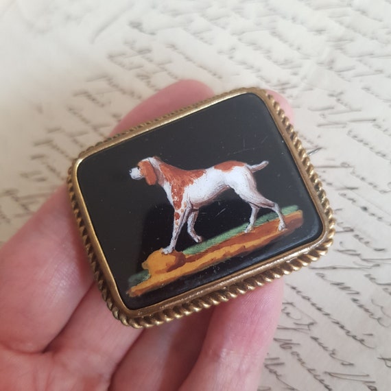 Antique Hand Painted Hunting Dog Miniature Brooch… - image 8