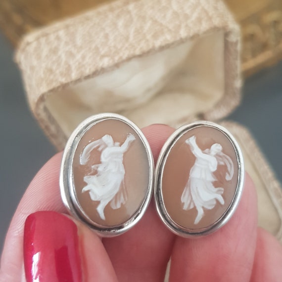 Antique Shell Cameo Sterling Silver Earrings Late… - image 8
