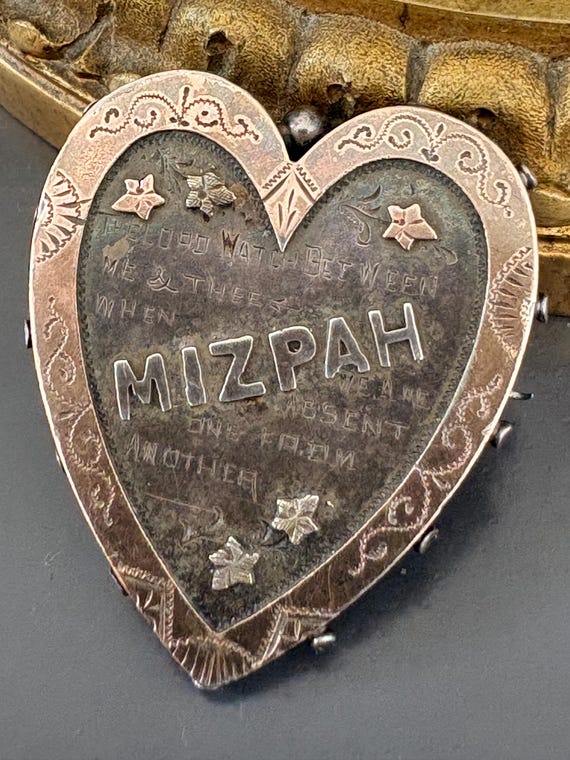 Antique Victorian Sterling Silver Gold Mizpah Heart Brooch Pin