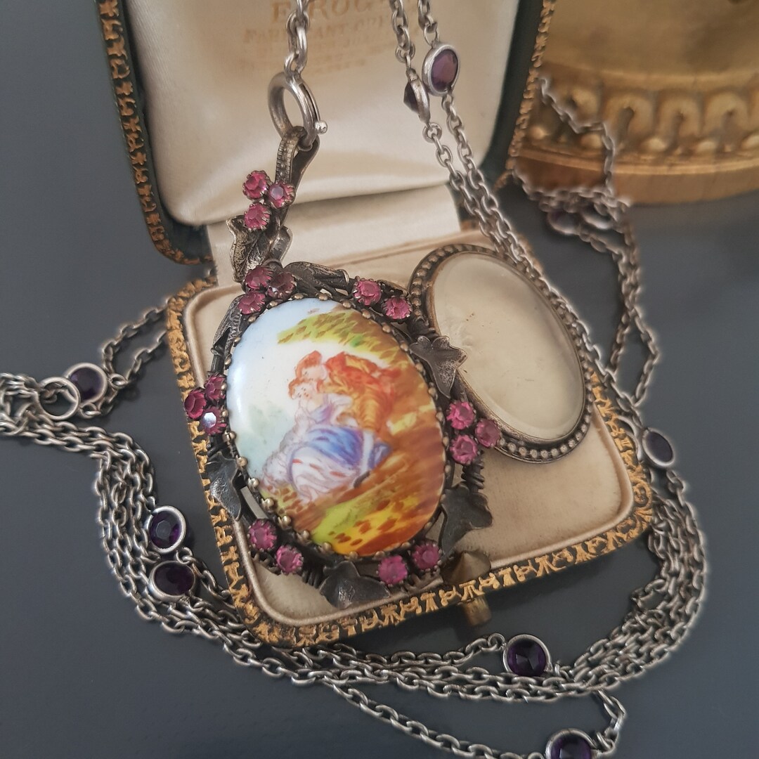 Pendentif Ancien XIXe Métal Doré – Porte-photo Ouvrant, Strass Et Pâte De Verre
