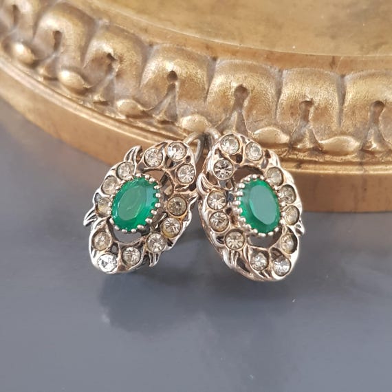 Boucles D'oreilles Anciennes En Argent Massif Avec Strass Et Vermeil - Fermoir Clip - Occasion