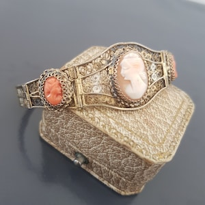 Art Deco Silver Vermeil Filigree Shell Coral Cameo Bracelet C 1930
