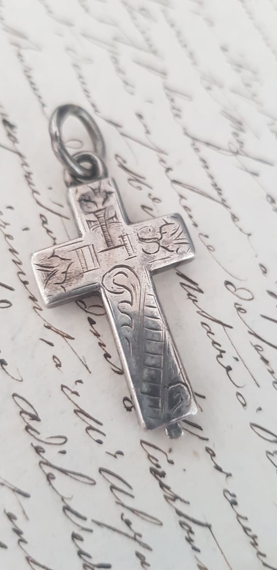 Antique Cross Reliquary Pendant Sterling Silver 1… - image 3