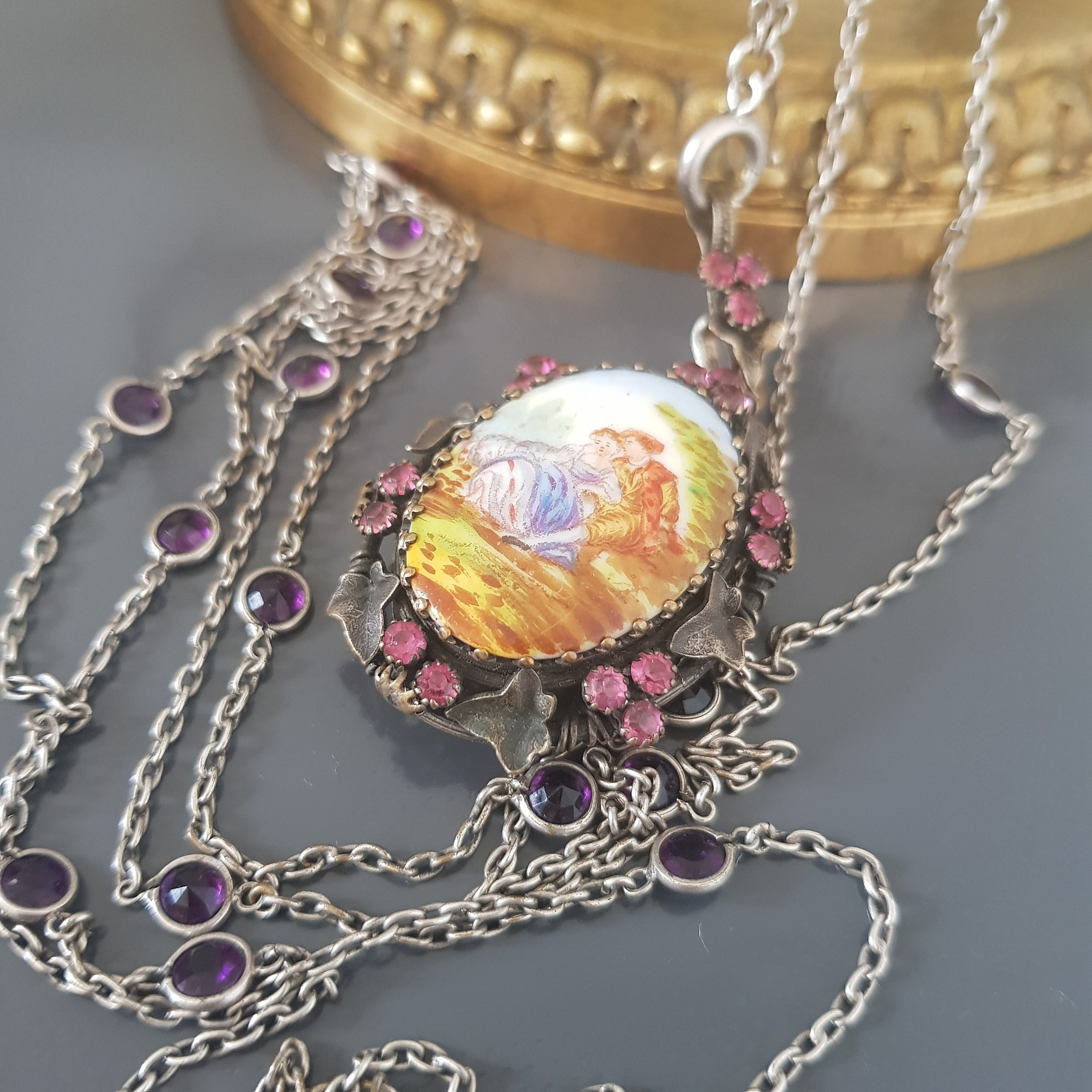 Pendentif Ancien Porte-photo Miniature Peint Main - Début 1900, Occasion