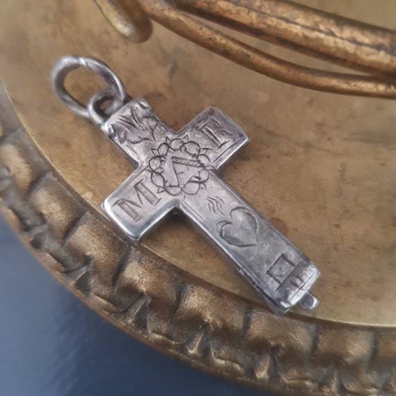 Antique Cross Reliquary Pendant Sterling Silver 1… - image 1