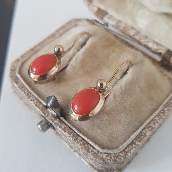 Pair Of Vintage Gilded Silver Mediterranean Coral Earrings