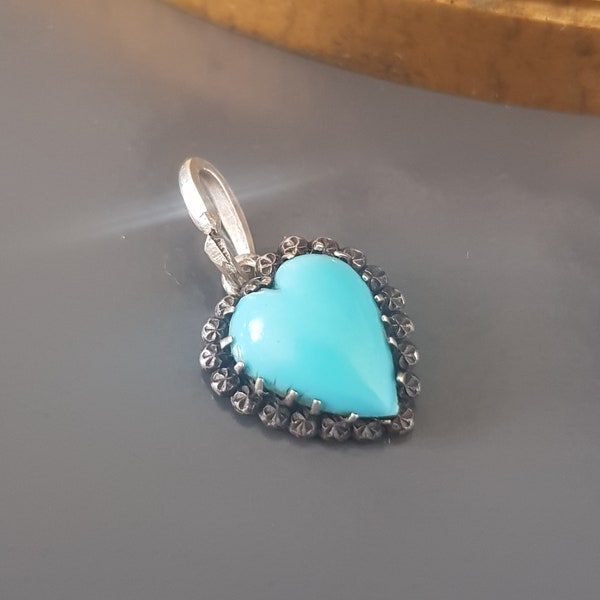 Petit Pendentif Breloque Cœur Victorien Ancien Argent Massif  Pate De Verre Turquoise С 1900