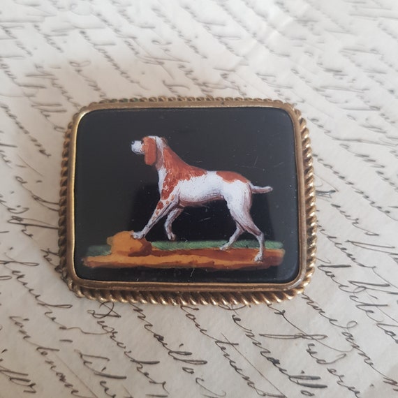 Antique Hand Painted Hunting Dog Miniature Brooch… - image 5
